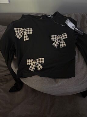 Fashion Nova Black Long-Sleeve Tee with Plaid Bow Accents